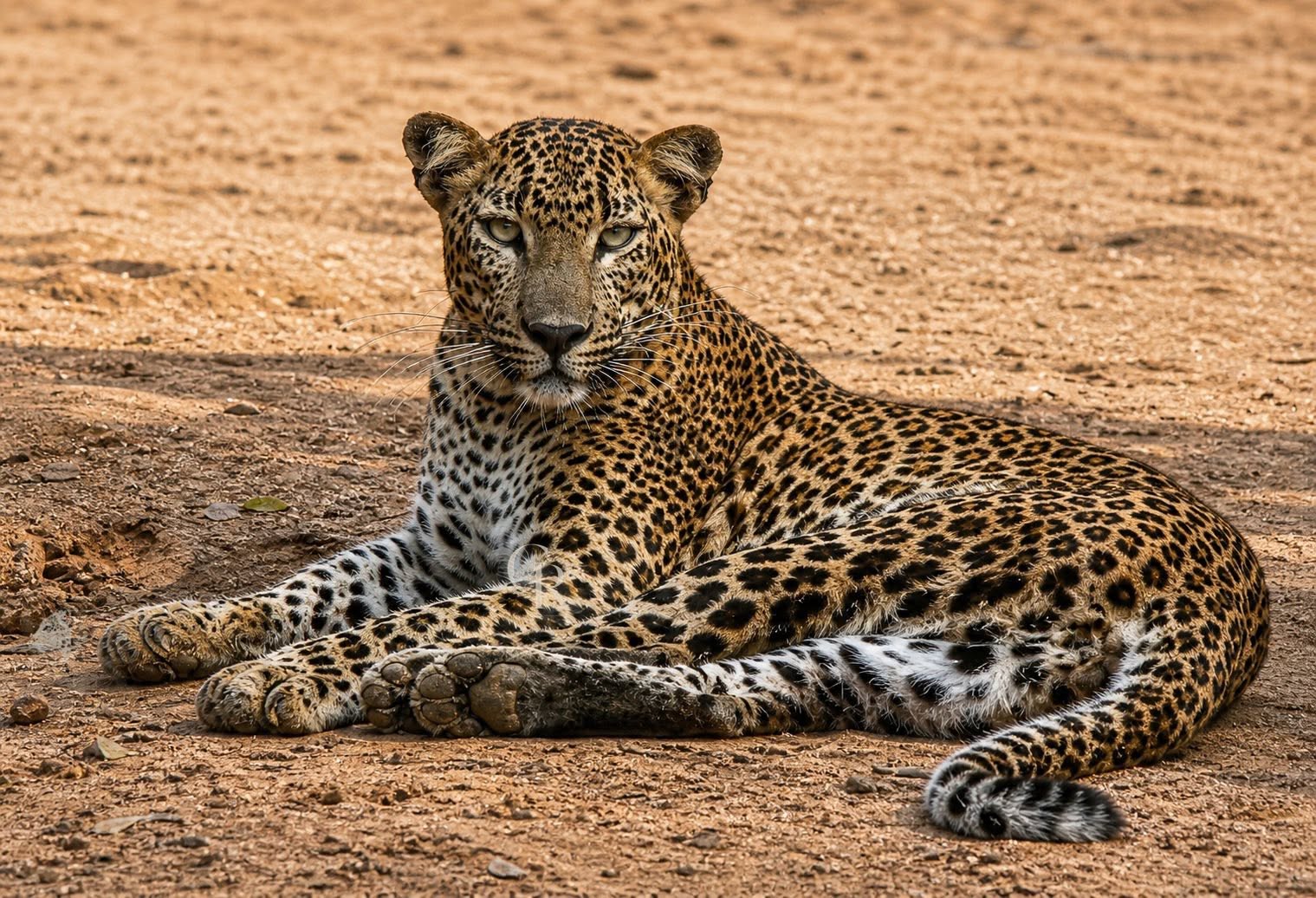A Sri Lankan leopard resting on the sand track in Yala National Park